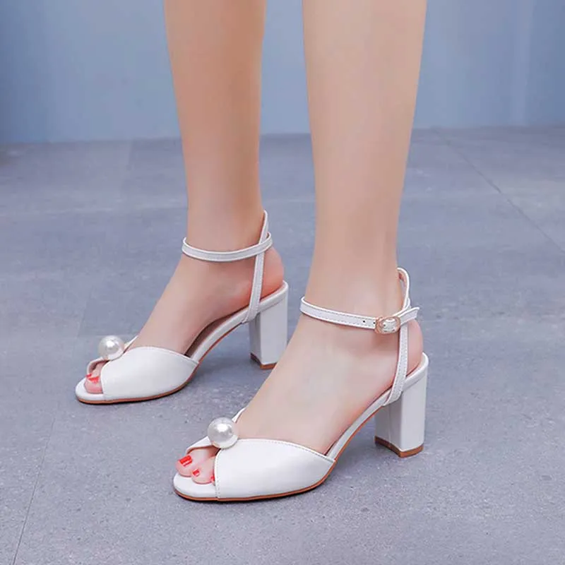 2.95" White Chunky Wedding Sandals Vintage Peep Toe Block Heeled Bridal Shoes