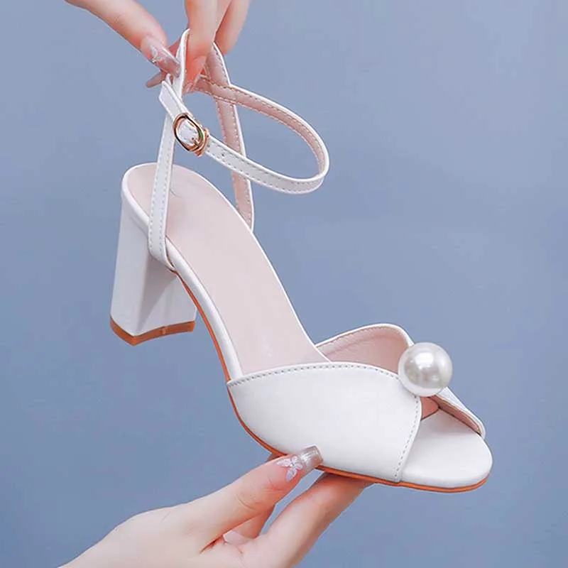 2.95" White Chunky Wedding Sandals Vintage Peep Toe Block Heeled Bridal Shoes