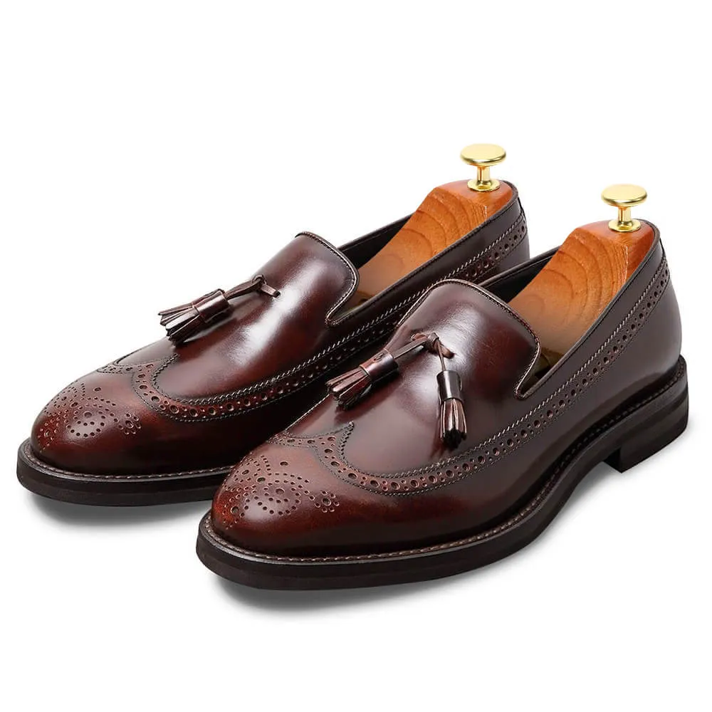 7CM / 2.76 Inches CMR CHAMARIPA Elevator Shoes For Men Business Taller Shoes Burnished Calfskin Longwing Brogue Tassel Loafers Red Wine