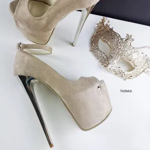 Beige Nude Suede Peep Toe Heels