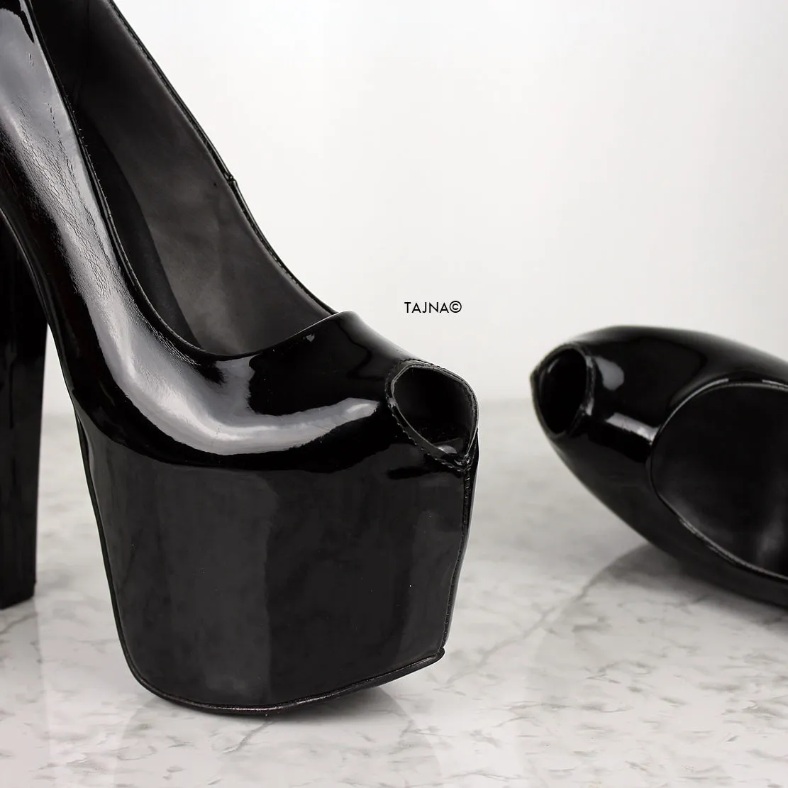 Black Gloss Fishmouth Chunky High Heels