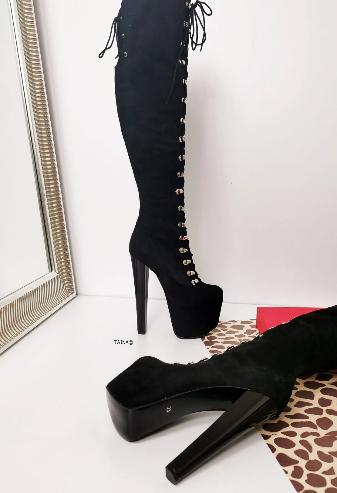 Black Suede Military High Heel Over Knee Boots