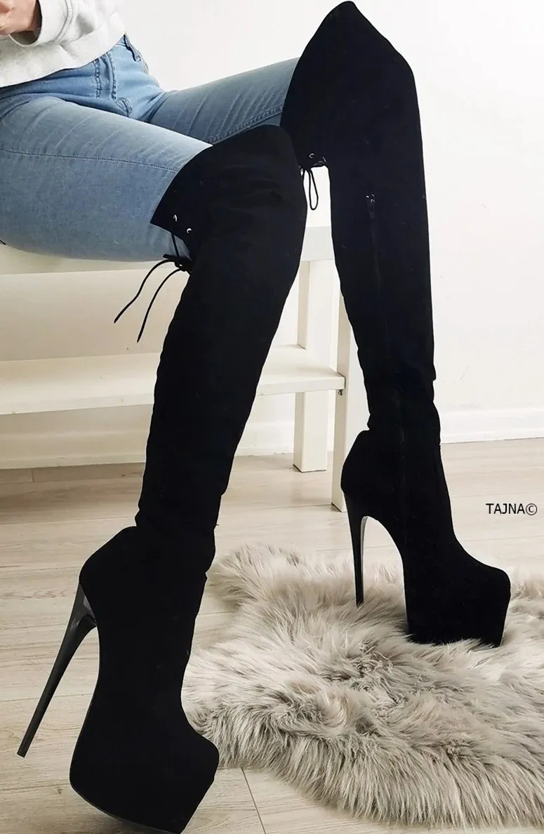 Black Suede Over Knees High Heel Boots