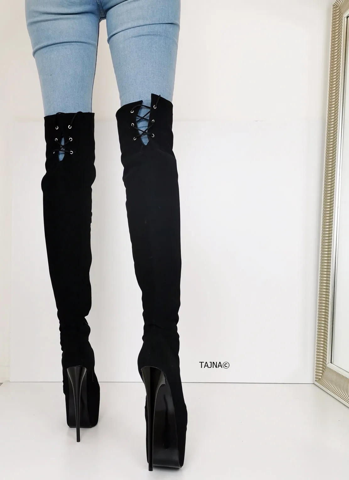 Black Suede Over Knees High Heel Boots