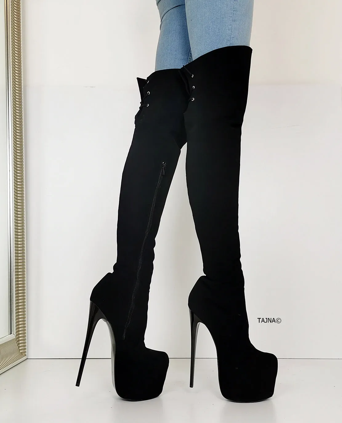 Black Suede Over Knees High Heel Boots