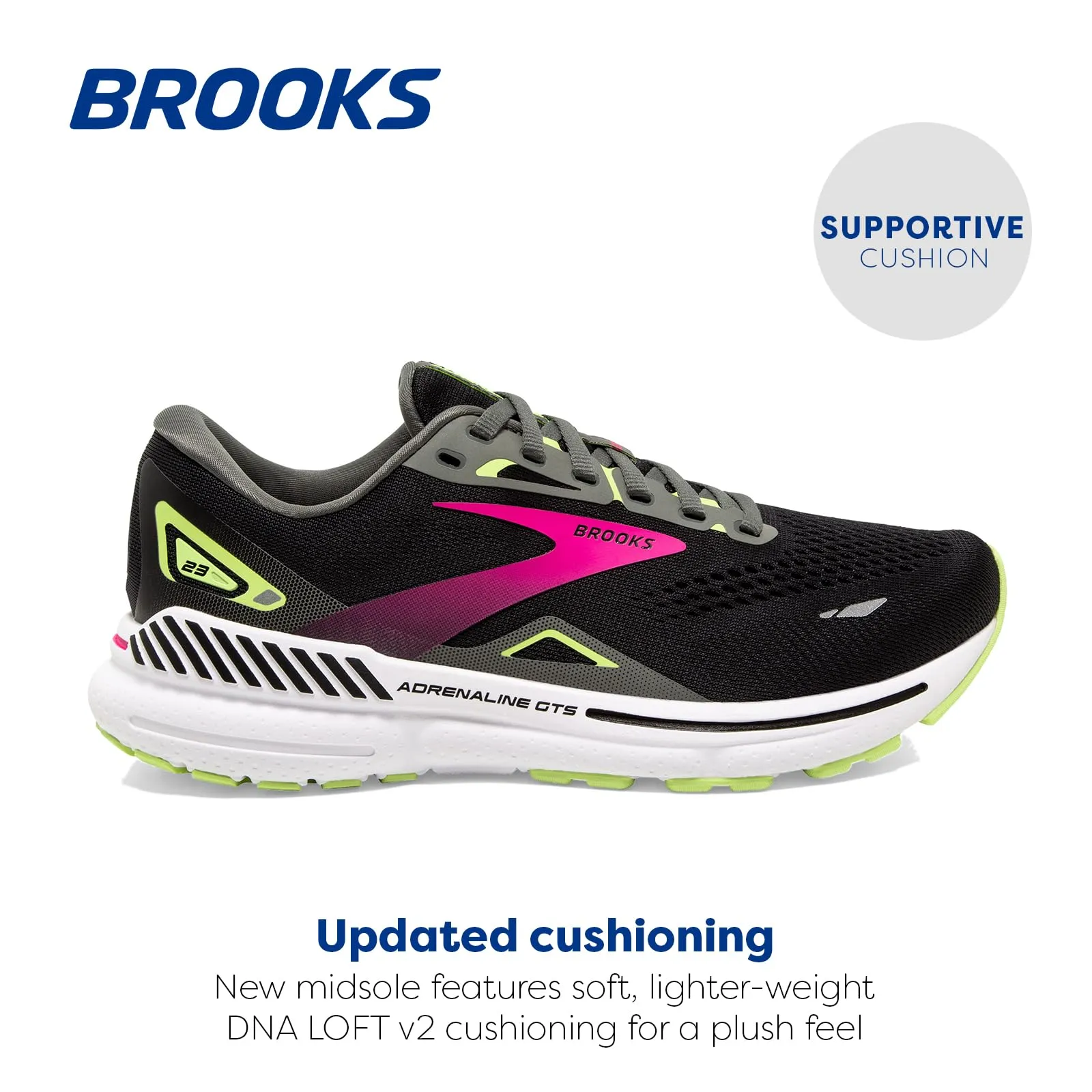 Brooks Women’s Adrenaline GTS 23 Supportive Running Shoe - Black/Gunmetal/Sharp Green - 11.5 Medium