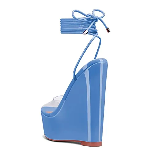 Castamere Womens High Wedge Platform Heel Peep Open Toe Ankle Strap Sandals Lace Wedding Clear Dress Shoes 5.9 Inches Heels Blue Transparent