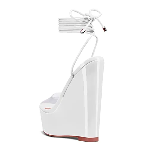 Castamere Womens High Wedge Platform Heel Peep Open Toe Ankle Strap Sandals Lace Wedding Clear Dress Shoes 5.9 Inches Heels White Transparent