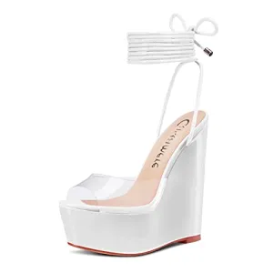 Castamere Womens High Wedge Platform Heel Peep Open Toe Ankle Strap Sandals Lace Wedding Clear Dress Shoes 5.9 Inches Heels White Transparent