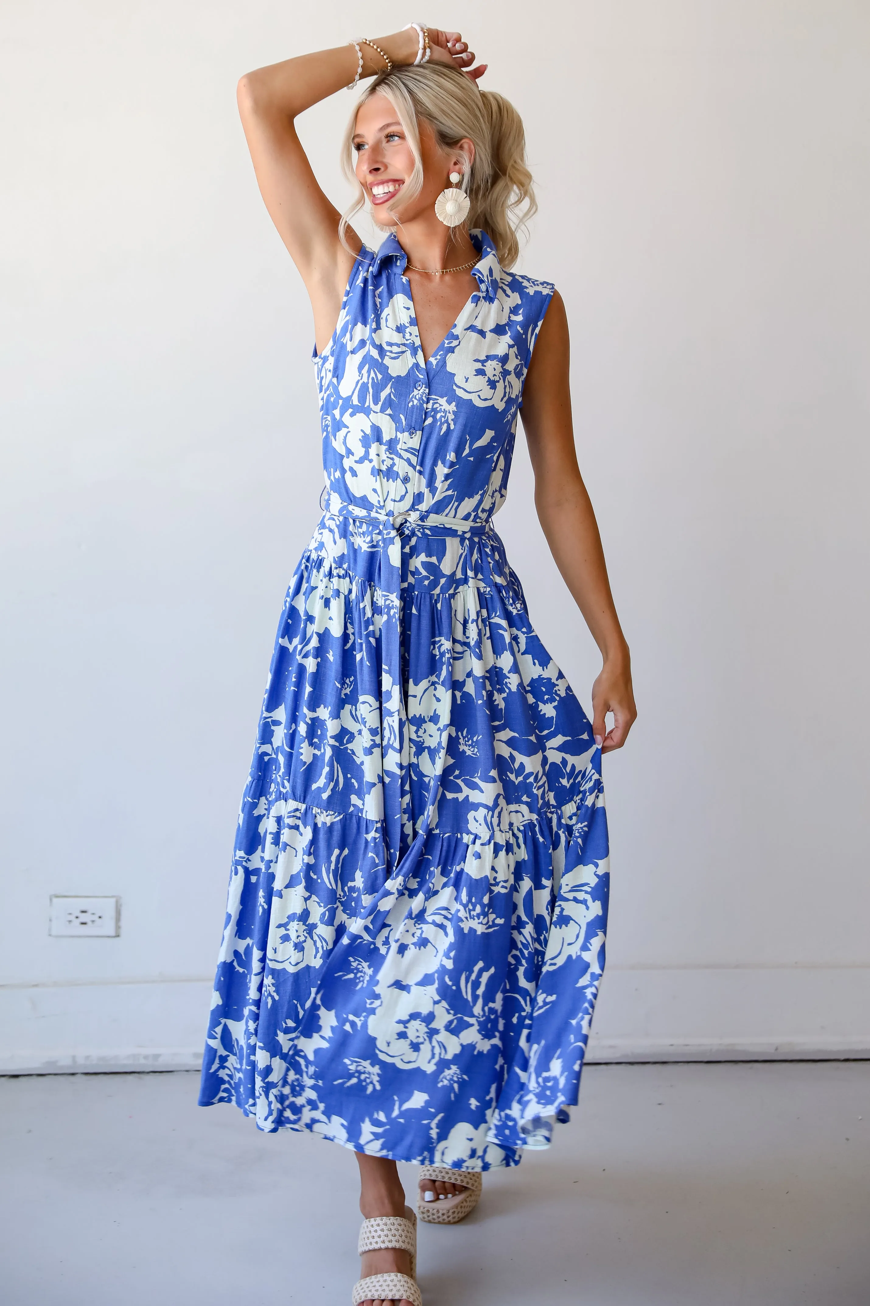 Charming Pose Royal Blue Floral Linen Maxi Dress