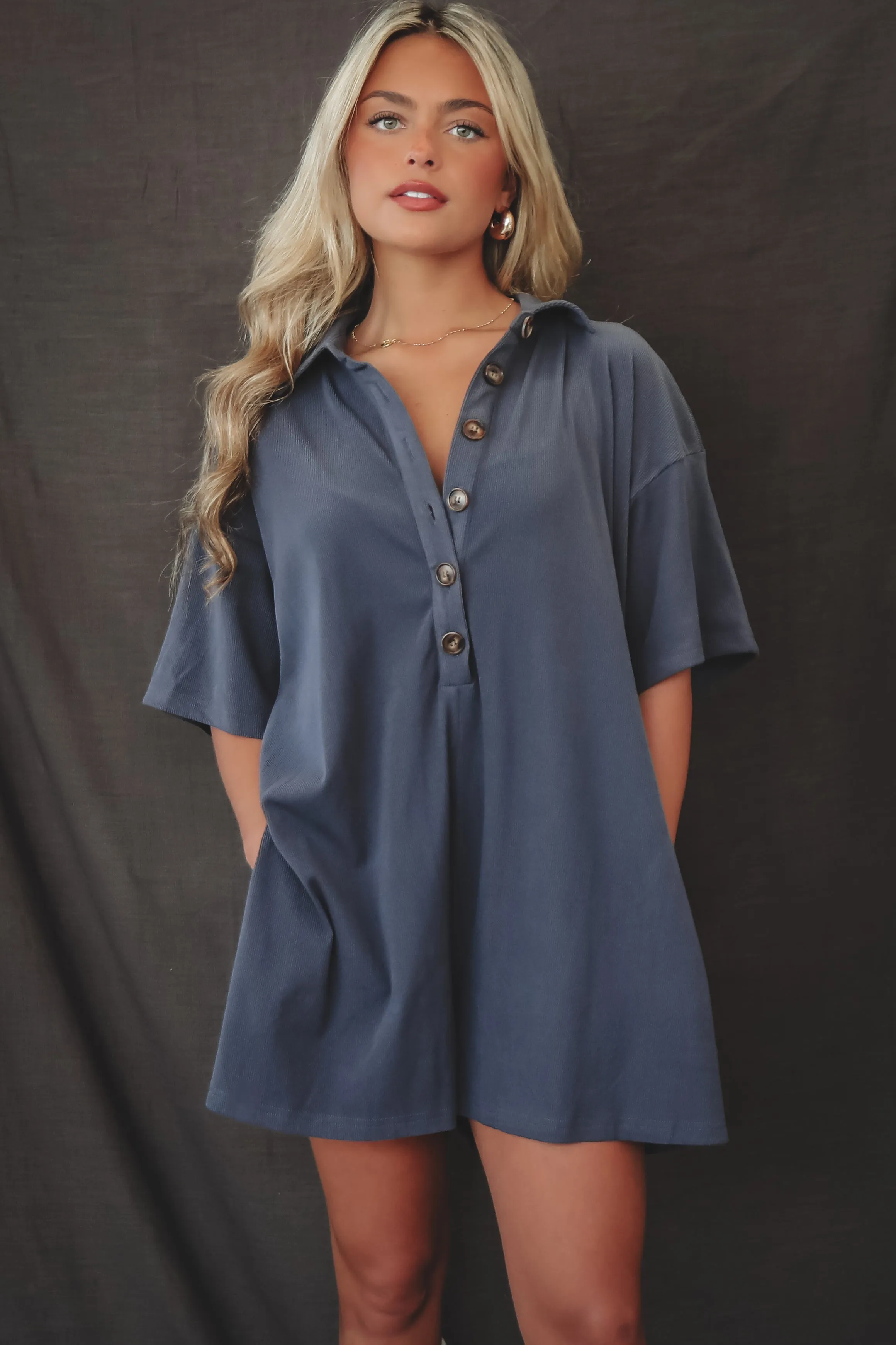 Cozy Together Button Up Navy Ribbed Romper