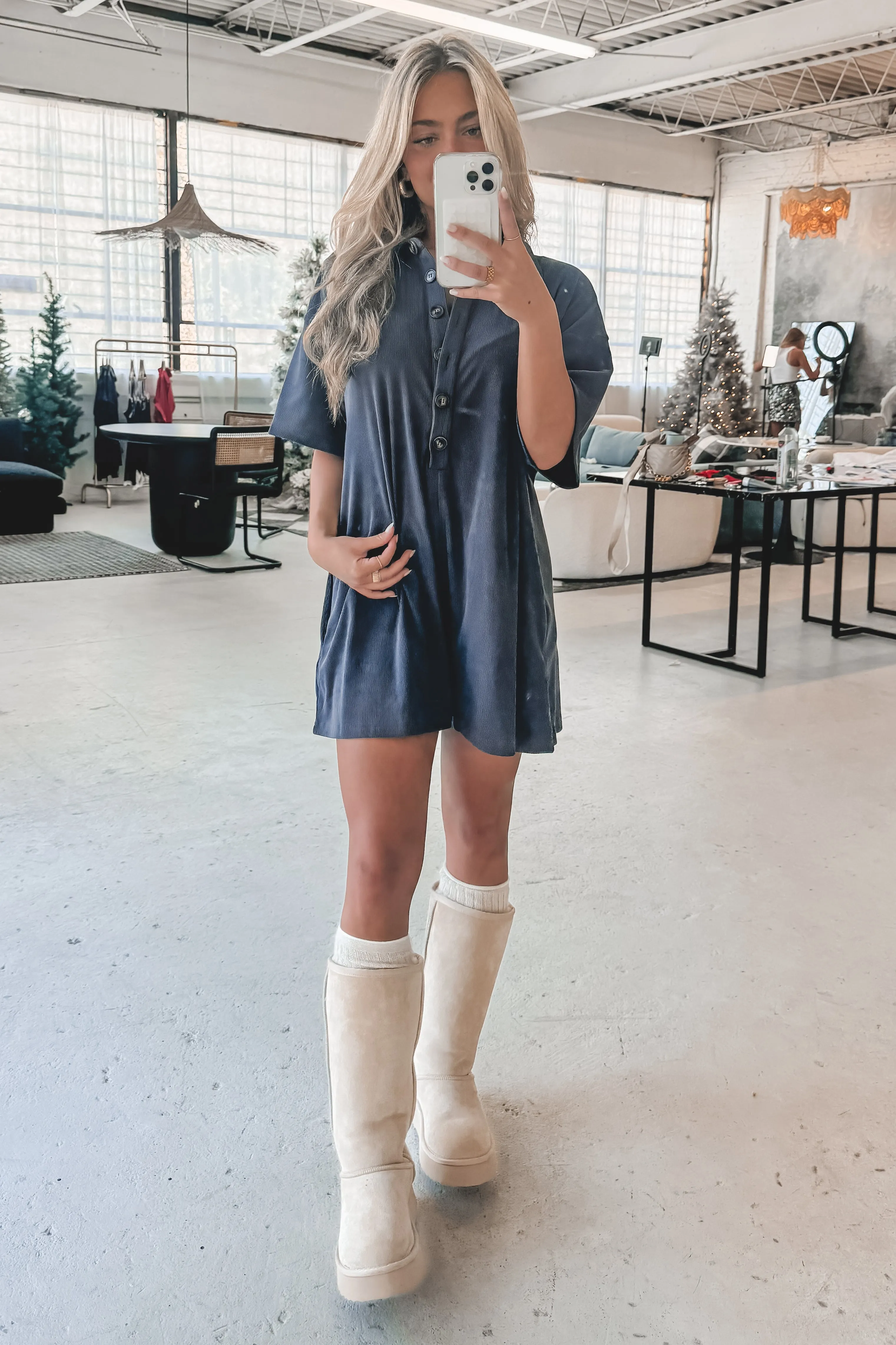 Cozy Together Button Up Navy Ribbed Romper