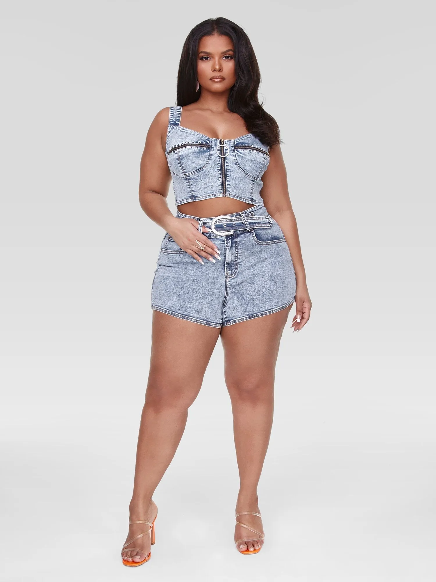 Fashion To Figure - Harper Rhinestone Buckle Denim Shorts