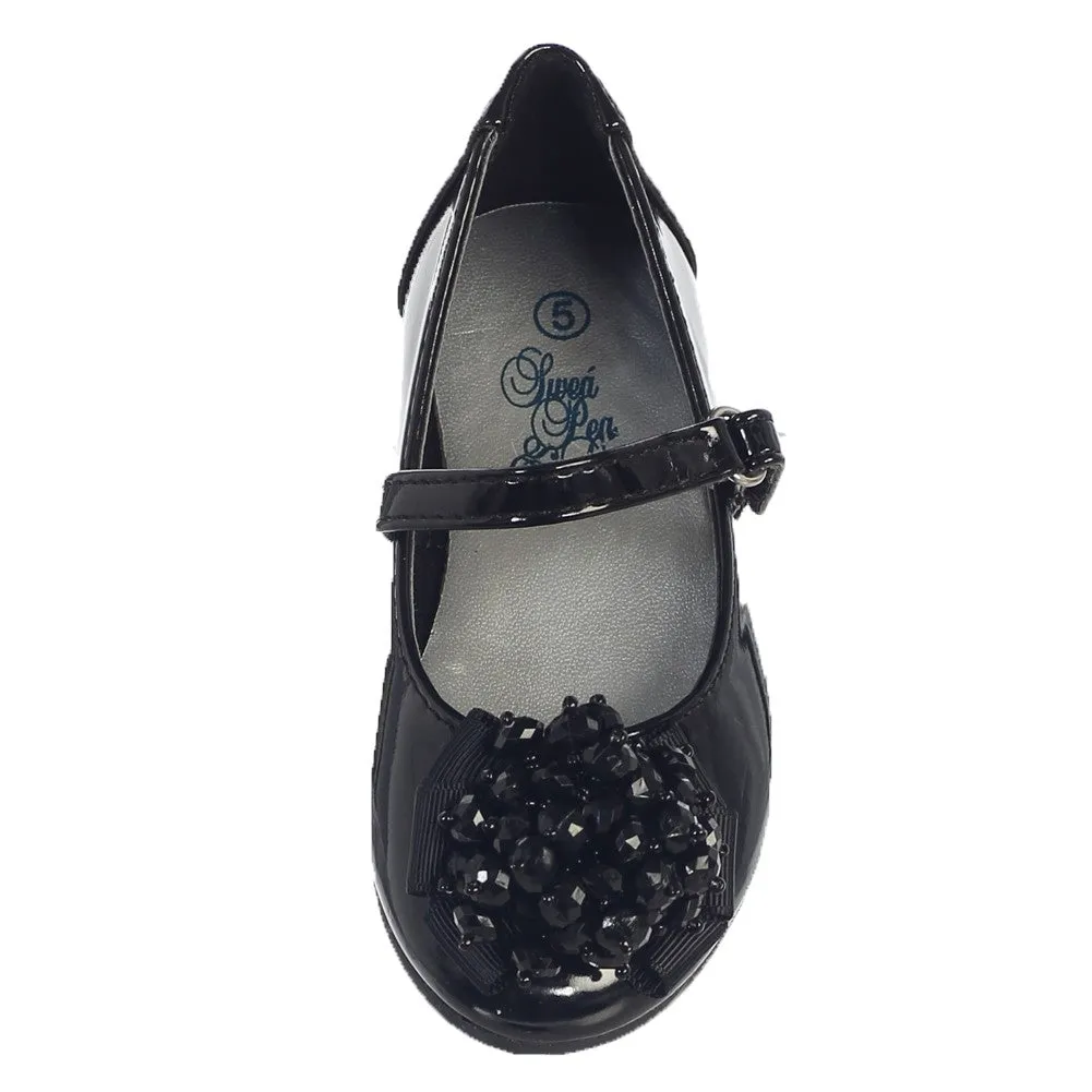 Girls Black Crystal Bead Bow Anna Occasion Dress Shoes 6 Toddler-3 Kids