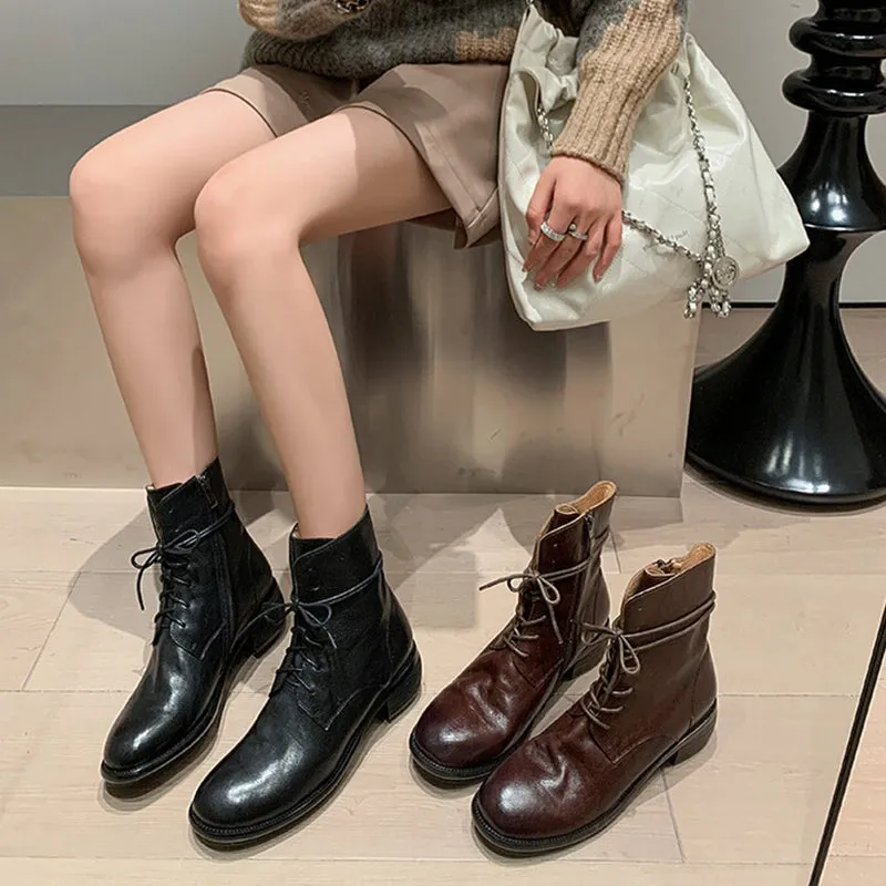 Handmade Fashion Martin Boots Women Genuine Leather Lace-Up Oxfords Round Toe Chunky Ankle Booties Back Zipper Black/Brown