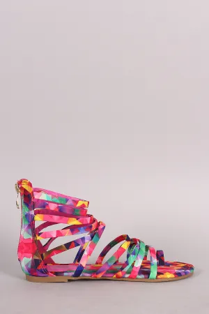 Liliana kaleidoscope Print Caged Toe Ring Gladiator Flat Sandal