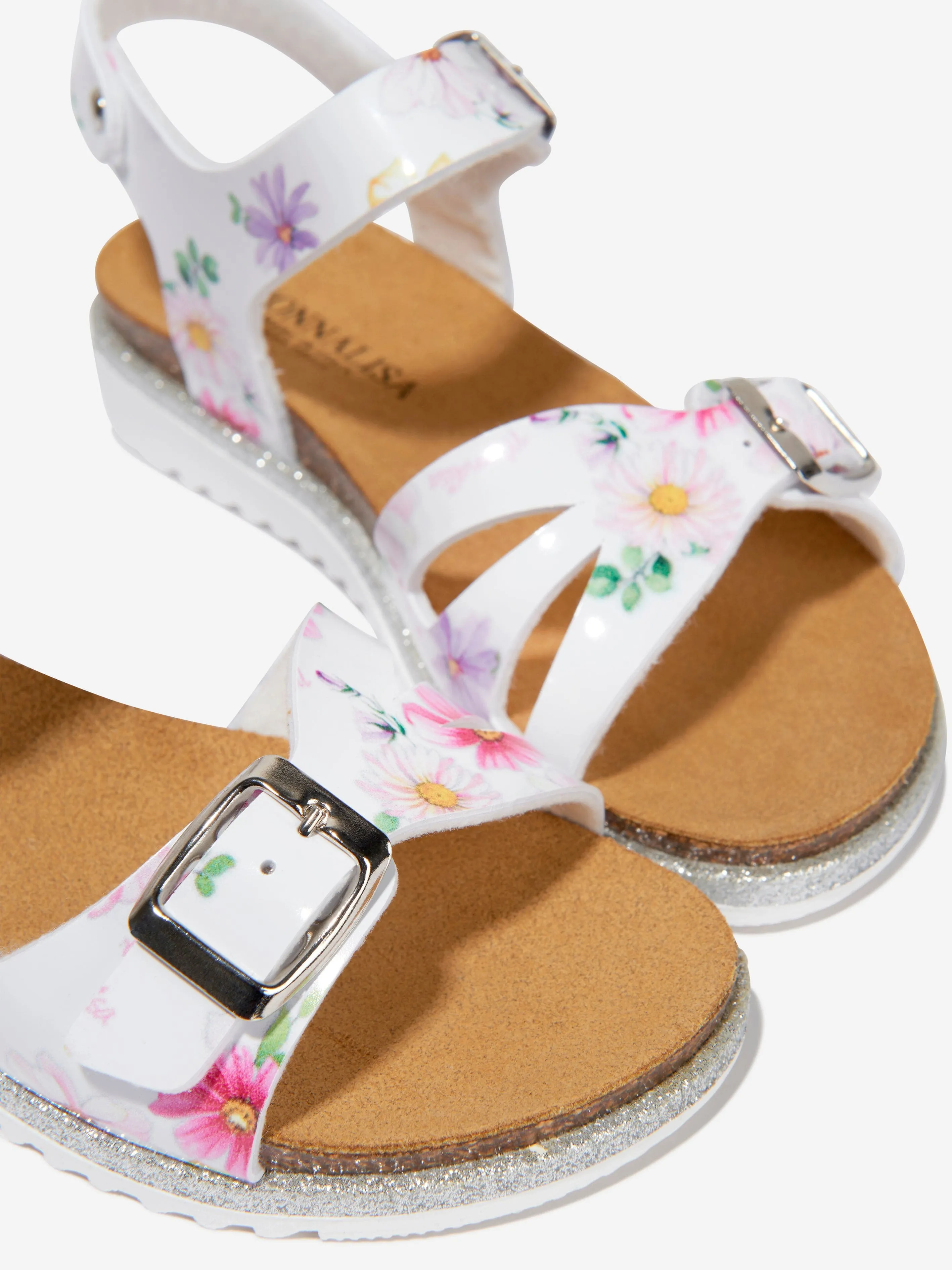 Monnalisa Girls Floral Print Sandals in White