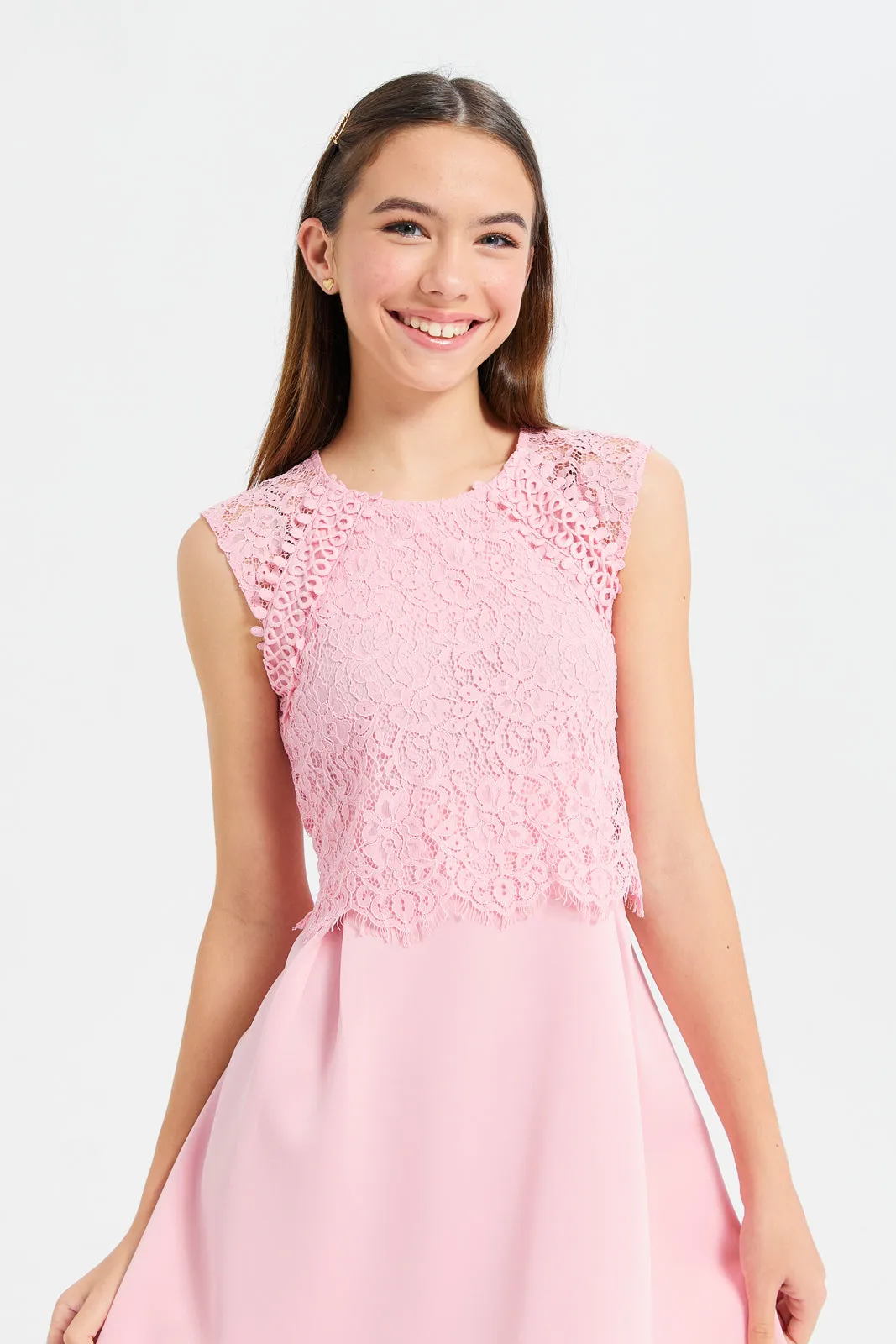 Senior Girls Pink Lace Scuba Dress