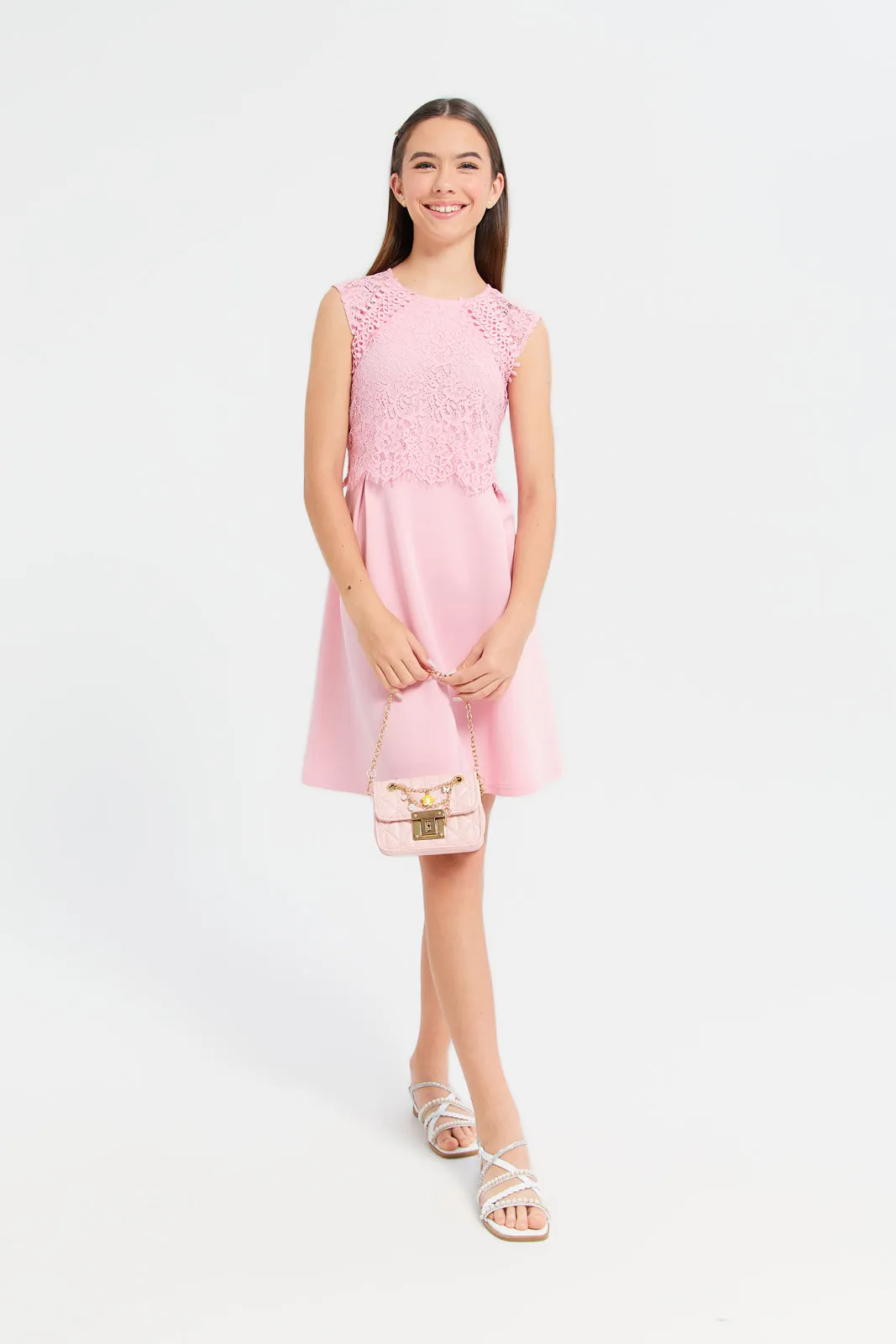 Senior Girls Pink Lace Scuba Dress