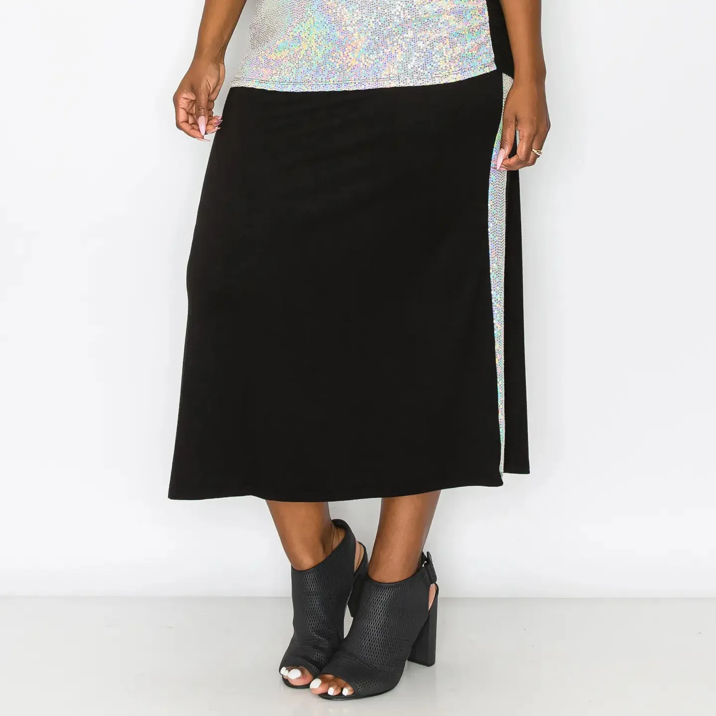 Sequin Side Contrast Foldover Midi Skirt Curve