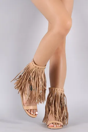 Studded Long Fringe Caged Cuff Flat Sandal