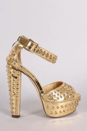 Studded Spike Peep Toe Ankle Strap Chunky Platform Heel