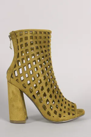 Suede Perforated Peep Toe Chunky Heeled Booties