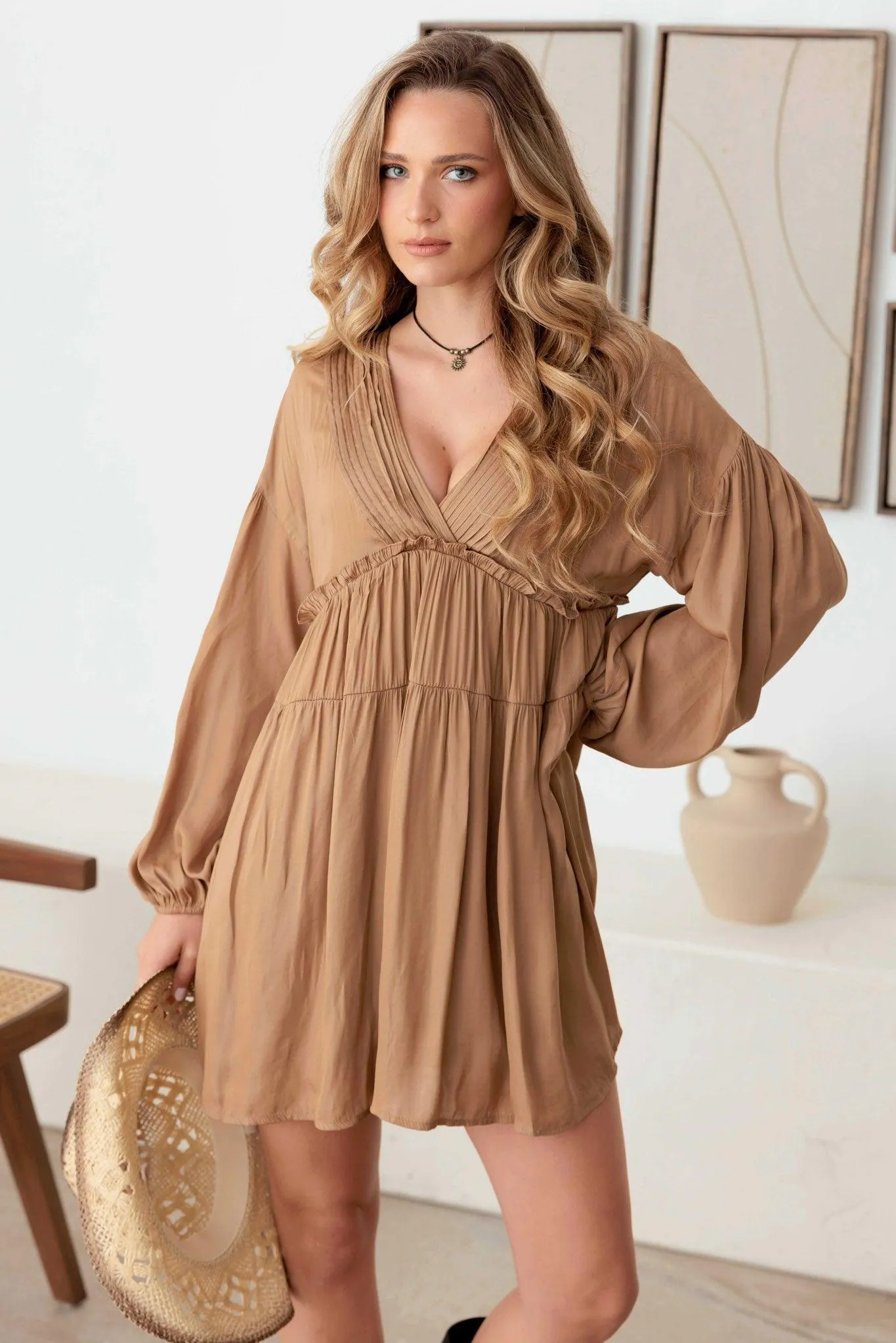 Tiered Double Side Pocket Balloon Sleeve Satin Dress