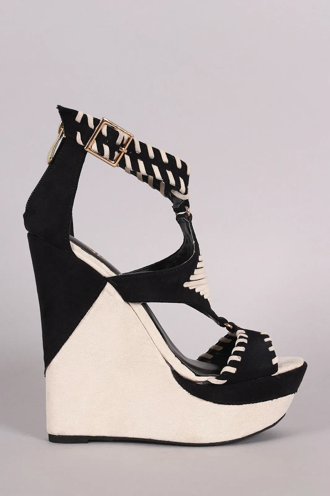 Two Tone Suede Whip Stitched Cutout Platform Wedge