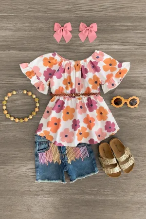 Watercolor Flower Sequin Denim Short Set