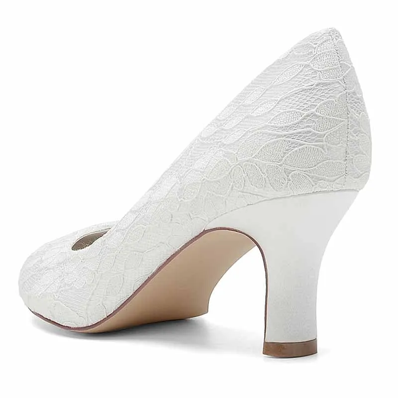 Wedding Kitten Heel Shoes Sandals Closed Toe Lace Slip on Pumps Bridal Shoes