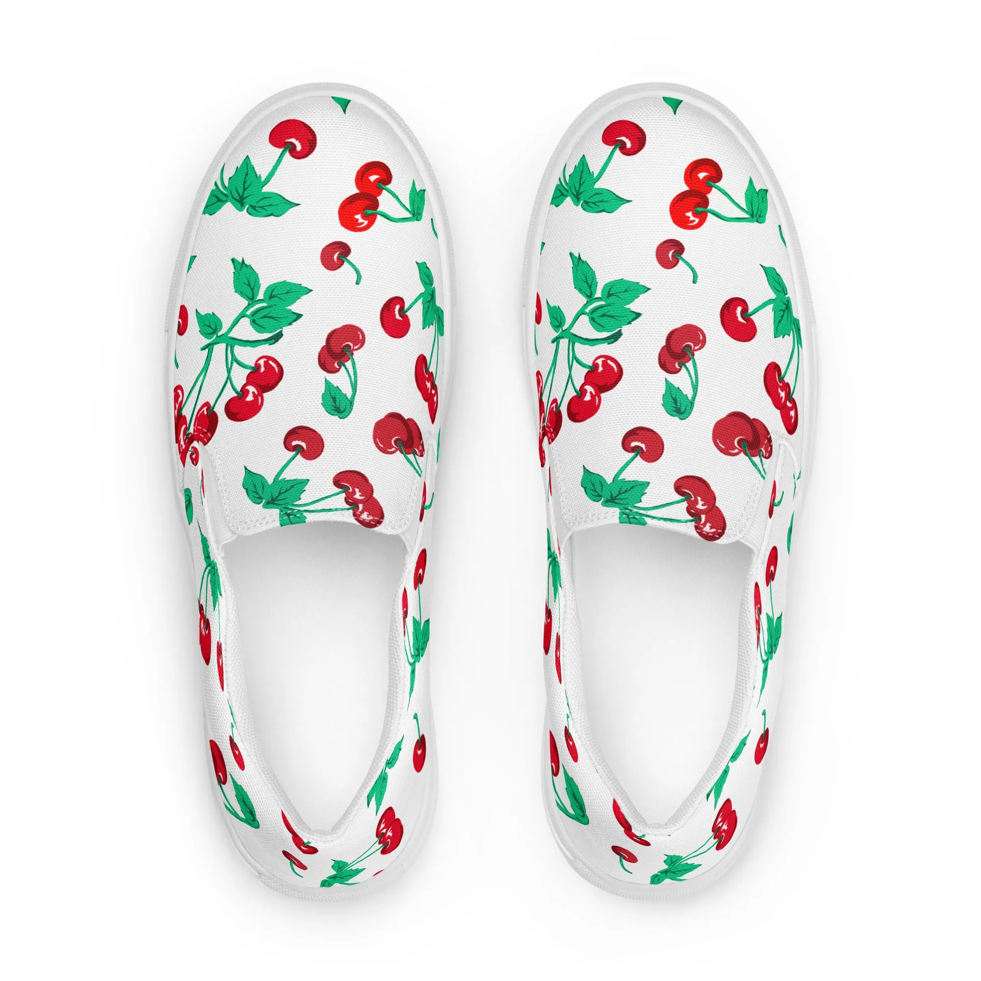 White Chocolate Cherry Print Women’s Canvas Slip-On Deck Shoes | Pinup Couture Relaxed