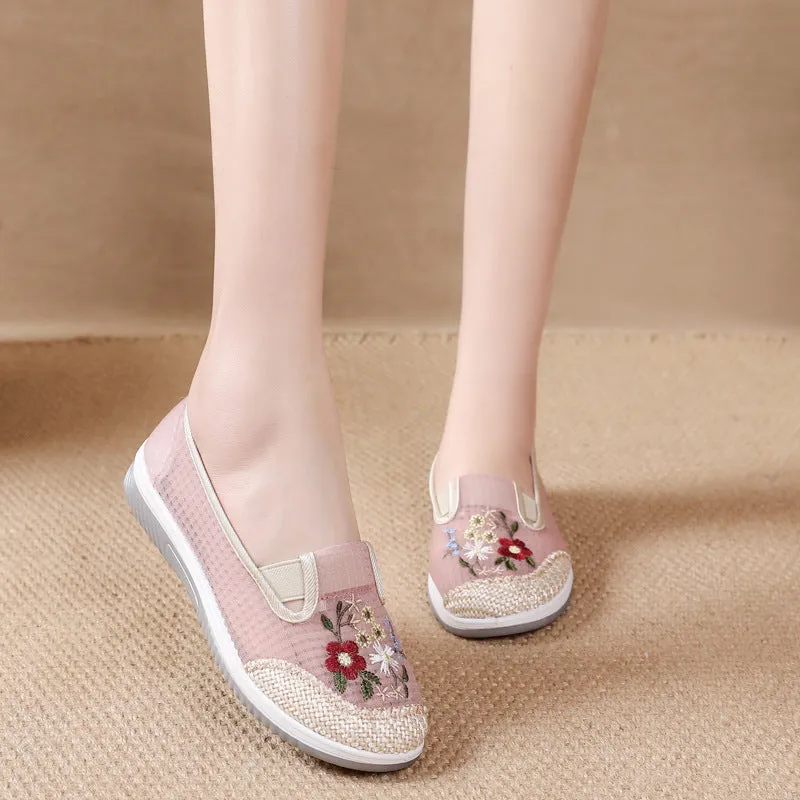 Women's Female Tennis Ethnic Style Mesh Embroidered Canvas Shoes